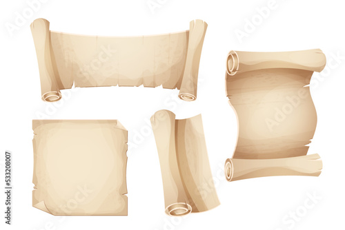 Set ancient old parchment paper, scroll, page empty medieval letter in cartoon style isolated on white background. Game asset, grunge frame, manuscript.