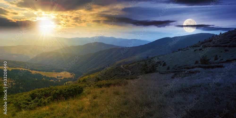 carpathian mountain range in summer at twilight. day and night time change concept. landscape with forested hills and grassy meadows rolling down in to the valley beneath a sky with sun and moon
