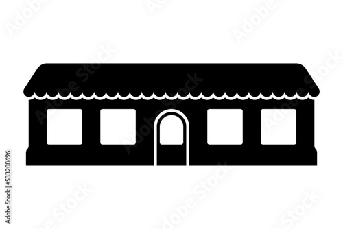 Small one-story building icon. Black silhouette. Front view. Vector simple flat graphic illustration. Isolated object on a white background. Isolate.