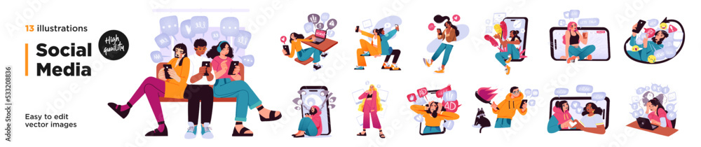 Modern social media problems, peculiarities and differences. Concept business illustrations. Vector - obrazy, fototapety, plakaty 
