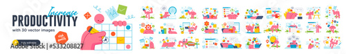 Productive Workflow Organization - Concept illustrations. Collection of scenes with people organizing and improving their workflow and workplace. Vector illustration