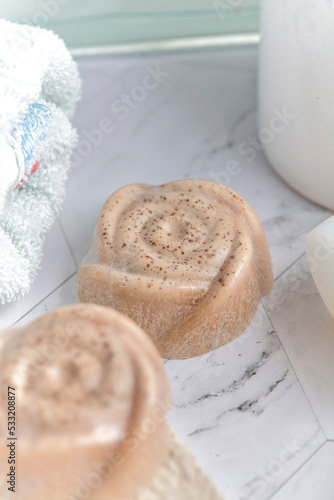 Natural soap bars, handmade natural soaps on bathroom kit.