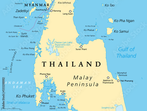 Thailand political map, from Ko Tao and Ko Samui to Phuket and Phi Phi Islands. Travel destinations west and east of Malay Peninsula, off the coast of Thailand, with most important islands and cities.