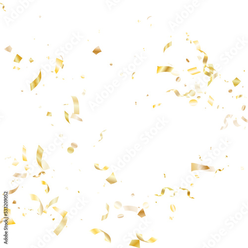 Holiday realistic gold confetti flying on black background.