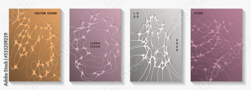 Cool music party posters. Complex curve lines flux backgrounds. Stylish title page vector layouts. Electronic music party posters set fluid wavy graphic design.