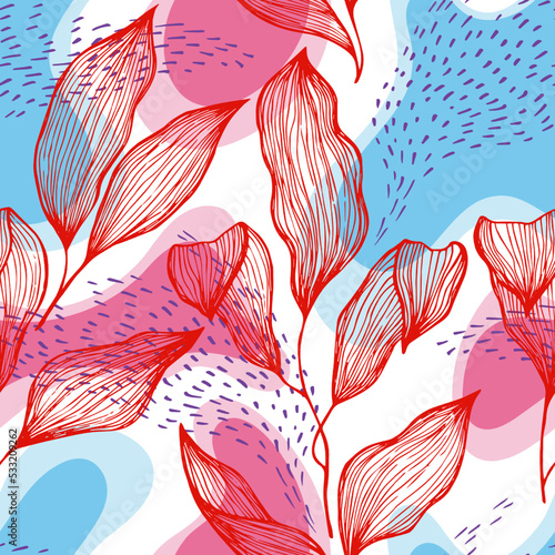 Sketch style doodle line texture leaves over stains and dots seamless vector pattern organic design.
