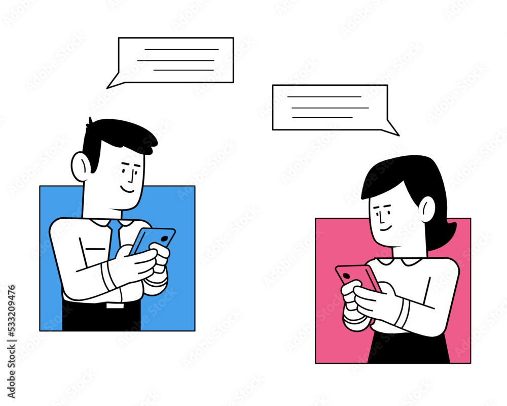 Vector illustration of male and Female texting on phone