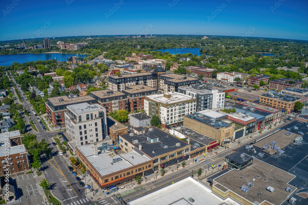 Aerial View of the Uptown Neighborhood of Minneappolis, Minnesota on Lake Bde Make Ska