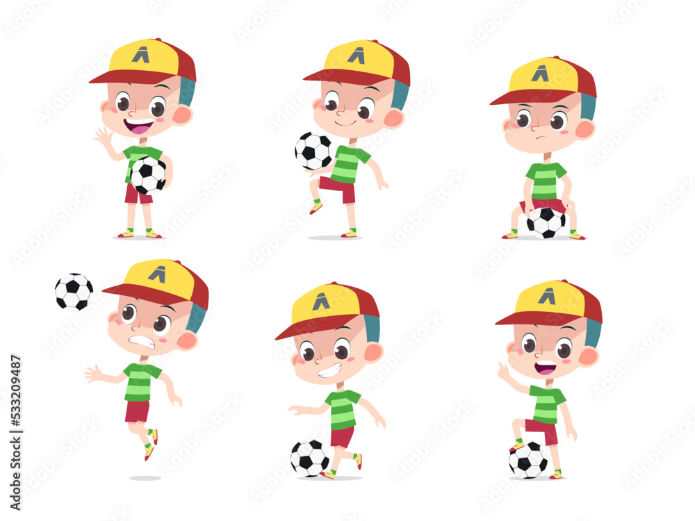 BOY PLAYING SOCCER FOOTBALL SET IN MULTIPLE POSES BOY PLAYING SOCCER FOOTBALL SET IN MULTIPLE POSES