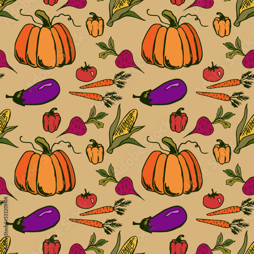 Farm fresh food, organic vegetables vector seamless patter. Vegetables: corn, eggplant, tomato, paprika, pumpkin, carrot, beetroot.