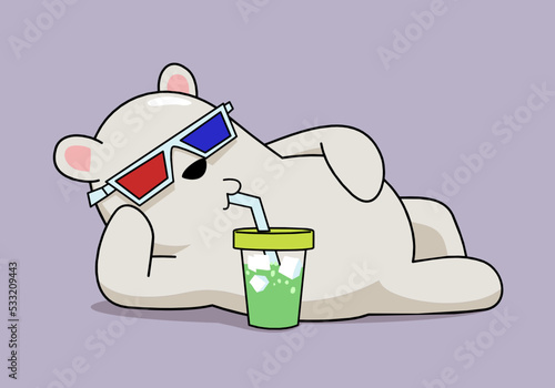 Vector illustration of cartoon polar bear calmly lay down and enjoy drinking with 3d glasses. Perfect for children illustration and mascot design