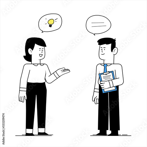Vector illustration of male and Female office worker communicating their ideas