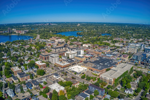 Aerial View of the Uptown Neighborhood of Minneappolis, Minnesota on Lake Bde Make Ska