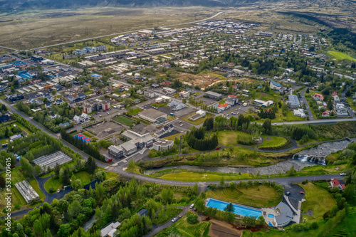 Aerial View of Downtown Hvolsvöllur, Iceland during Summer