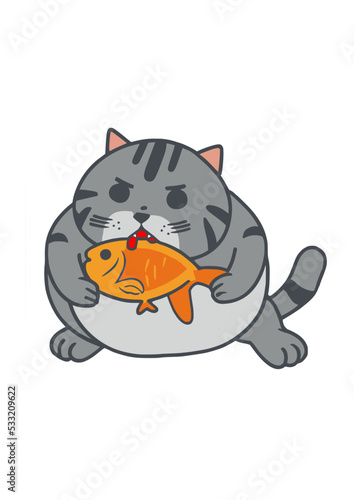 Cat eat fish in manga style - colored