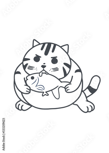 Cat eat fish in manga style - only lines
