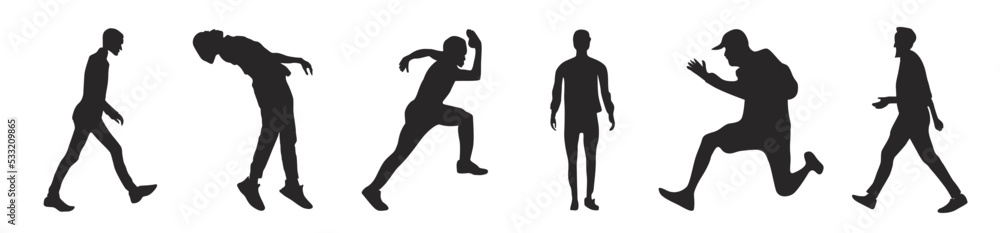 men vector silhouettes of standing, running, and walking people, black color isolated on white background