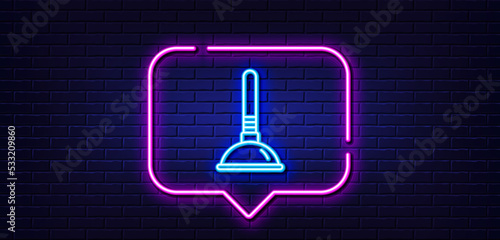 Neon light speech bubble. Cleaning plunger line icon. Cleaning of pipe clogs symbol. Housekeeping equipment sign. Neon light background. Plunger glow line. Brick wall banner. Vector
