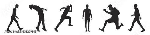men vector silhouettes of standing, running, and walking people, black color isolated on white background