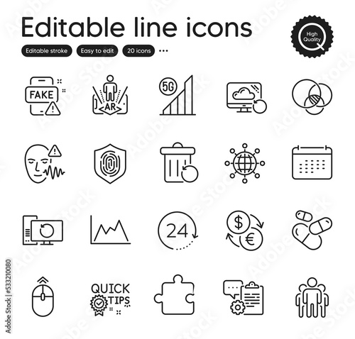 Set of Science outline icons. Contains icons as 5g wifi, Quick tips and Augmented reality elements. Currency exchange, Fingerprint, Swipe up web signs. Voice wave, Recovery computer. Vector