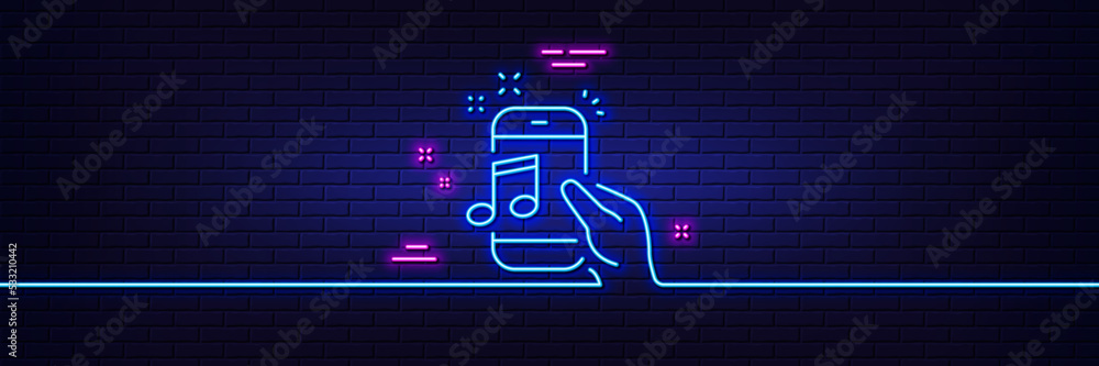 Neon light glow effect. Music in phone line icon. Mobile radio sign. Musical device symbol. 3d line neon glow icon. Brick wall banner. Music phone outline. Vector