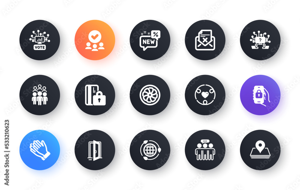 Minimal set of Employees group, Blocked card and Reject letter flat icons for web development. Open door, Inclusion, Clapping hands icons. New, Fan engine, Teamwork question web elements. Vector