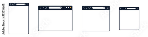 Conjunto de plantillas de la ventana del navegador o página web de distintos tamaños, diseño para computadora, tableta, y celular, estilo azul. Concepto de inicio del navegador. Ilustración vectorial