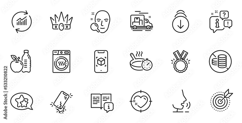 Outline set of Honor, Smartphone broken and Heart target line icons for web application. Talk, information, delivery truck outline icon. Include Manual, Update data, Face search icons. Vector