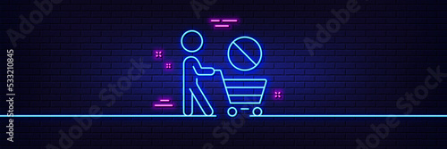 Neon light glow effect. Stop shopping line icon. No panic buying sign. Man with shopping cart symbol. 3d line neon glow icon. Brick wall banner. Stop shopping outline. Vector