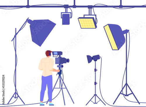 Camera operator equipment. Cameraman recording movie backstage, professional cinematographer in headphones, videocamera on tripod in cinema production studio, vector illustration