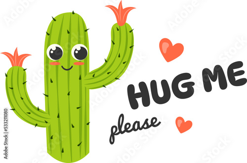 Funny cactus hug. Cartoon comic mexican succulent plant inscription quote, cacti spines free hugs for valentine postcard art or t-shirt print, cool text heart vector illustration
