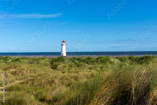 view of the Point of Ayr Lighthouse and Talacre Beach in northern Wales