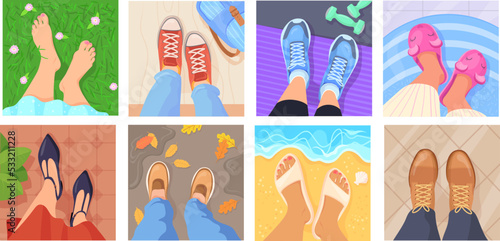 Legs selfie. Feet in sneakers top view, blogger lifestyle concept sight pair footwear on different floor carpet beach park gym home workspace or barefoot, neat vector illustration