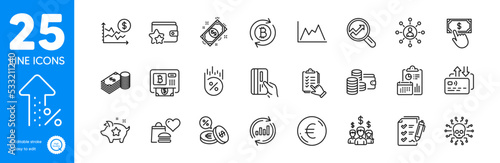 Outline icons set. Salary employees, Card and Currency exchange icons. Cyber attack, Increasing percent, Wallet web elements. Euro money, Refresh bitcoin, Loyalty points signs. Vector