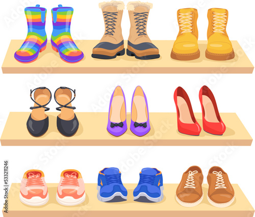 Shelf shoes. Shelves closet shoe rack, store showcase fashion dressing wardrobe for pair elegant women or sport boot, advertising footwear shop collection neat vector illustration