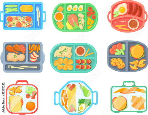 School meal trays. Lunch tray with food cafeteria menu, kid eat breakfast or dinner on convenience lunchbox top view, healthy students meals from canteen, neat vector illustration