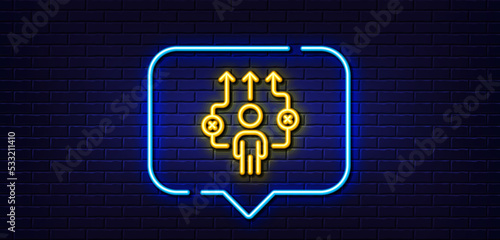 Neon light speech bubble. Correct working process line icon. Business way sign. Choose path symbol. Neon light background. Business way glow line. Brick wall banner. Vector