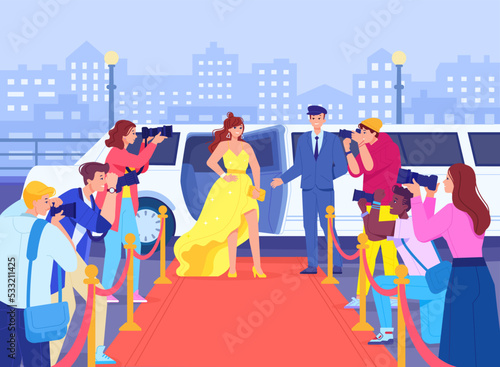 Celebrity photographer. Famous hollywood actress on red carpet in camera paparazzi, american movie star at limousine car, fashion lifestyle oscar event, swanky vector illustration