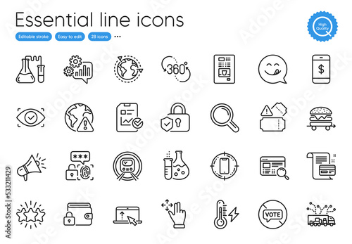 Food delivery, Yummy smile and Chemistry lab line icons. Collection of Megaphone, Star, Biometric eye icons. 360 degree, Swipe up, Security lock web elements. Report checklist. Vector
