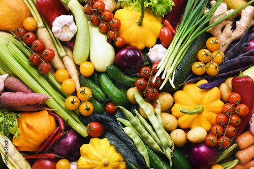 Fresh ripe colorful vegetables from market  summer or autumn farm harvest background  healthy diet vegetarian food