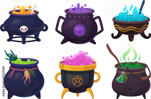 Witchs boiling cauldrons. Halloween smoke boiler, witch cauldron for cooking brew magic potion, wizards pot with purple bubble liquid soup or broth, ingenious vector illustration photo