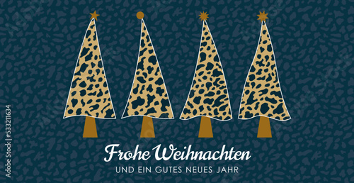 Frohe Weihnachten Karte Weihnachtsbaum in dunkelblauer Leder-Optik, Leoparden oder Schlangen-Muster, abstrakte Kunst