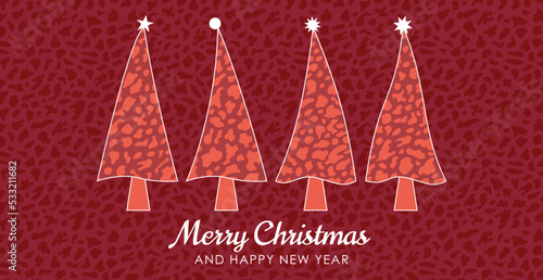 Merry Christmas Karte Weihnachtsbaum in roter Leder-Optik, Leoparden oder Schlangen-Muster, abstrakte Kunst