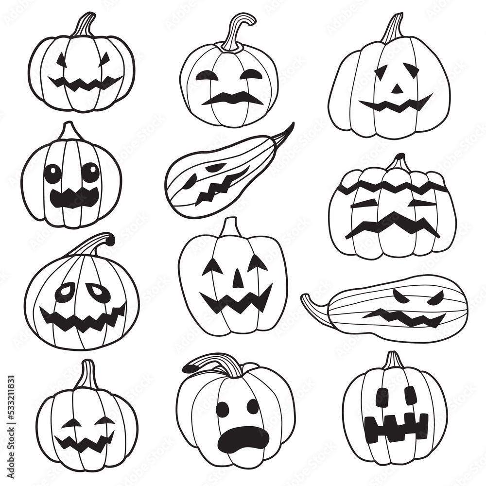 Fototapeta premium Set of pumpkins with different facial expressions. Collection of festive pumpkins with carved eyes, mouths, noses. Evil face, smiling, screaming, frightening. Cute pumpkins for poster, banner design