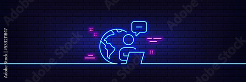 Neon light glow effect. Outsource work line icon. Freelance job sign. Remote employee symbol. 3d line neon glow icon. Brick wall banner. Outsource work outline. Vector