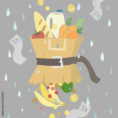 A brown paper shopping bag full of food items with a belt, tight around the middle, a ripped bottom with food and coins falling out in the rain. Representing increases in food prices due to inflation.
