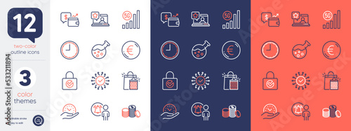 Set of Chemistry lab, Online rating and Security network line icons. Include Shopping bags, User notification, Safe time icons. 5g wifi, Euro money, Banking money web elements. Time. Vector