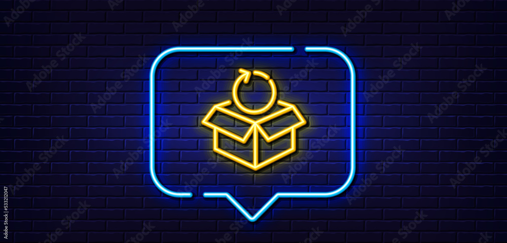 Neon light speech bubble. Return package line icon. Delivery parcel sign. Cargo goods box symbol. Neon light background. Return package glow line. Brick wall banner. Vector Neon light speech bubble. Return package line icon. Delivery parcel sign. Cargo goods box symbol. Neon light background. Return package glow line. Brick wall banner. Vector