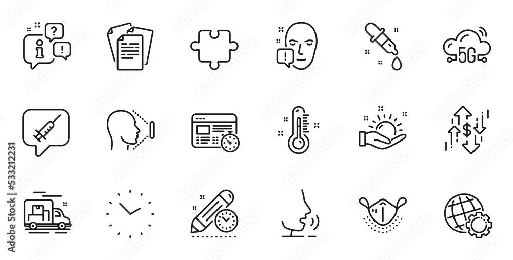 Outline set of Sunny weather, 5g cloud and Vaccine message line icons for web application. Talk, information, delivery truck outline icon. Include Time, Web timer, Globe icons. Vector Outline set of Sunny weather, 5g cloud and Vaccine message line icons for web application. Talk, information, delivery truck outline icon. Include Time, Web timer, Globe icons. Vector