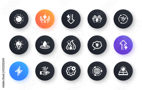 Energy icons. Solar panels, wind energy and electric thunder bolt. Fire flame, hazard, green ecology icons. Classic set. Circle web buttons. Vector